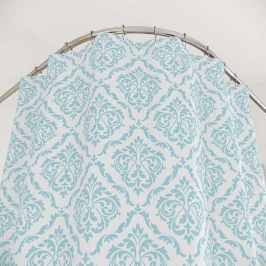 Elegant aqua damask shower curtain perfect for a coastal-style bathroom