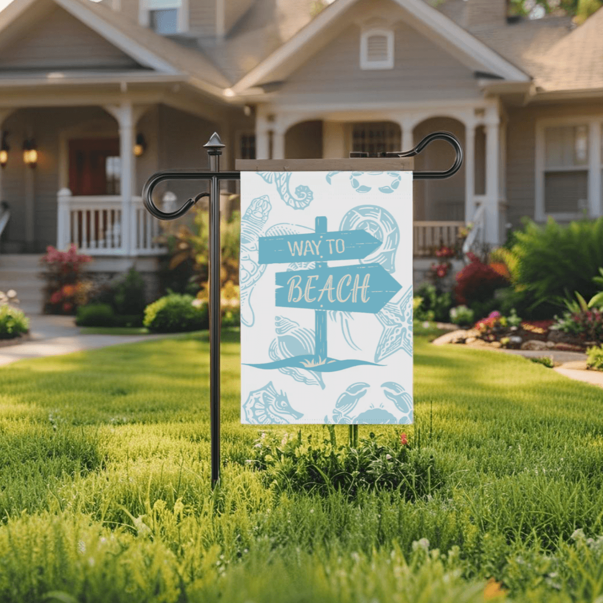 Directional yard flag with beach-themed arrows
