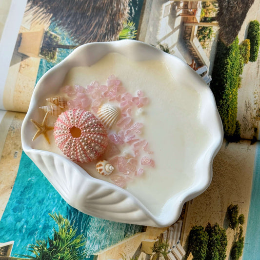 Luxury Clam Shell Candle Bowl with Pink Sea Urchin & Crystal Embeds
