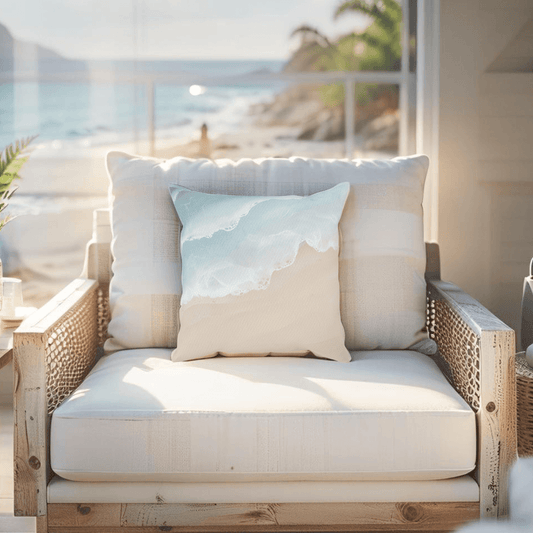 Aqua and sand wave throw pillow designed for beach house decor with a calm, natural shoreline pattern.
