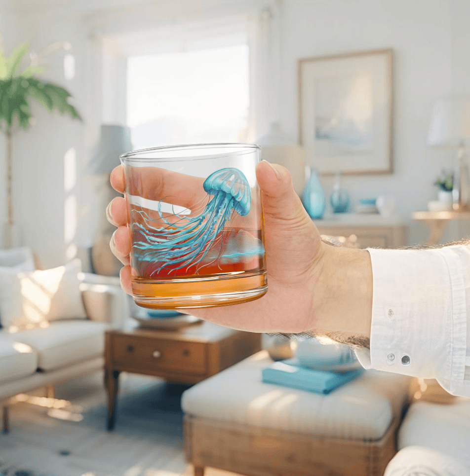 10oz artistic rocks glass with jellyfish design for nautical barware