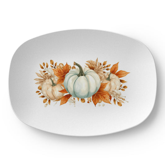 Rustic Coastal Fall Serving Tray – Turquoise Pumpkin & Autumn Leaves Farmhouse Decor