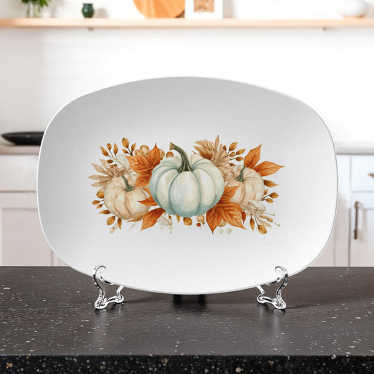 Rustic Coastal Fall Serving Tray – Turquoise Pumpkin & Autumn Leaves Farmhouse Decor