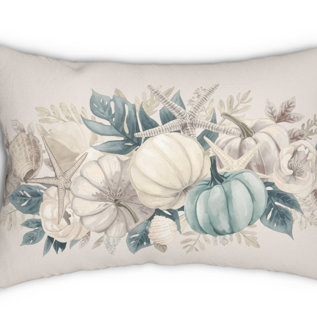Decorative pillow with pumpkins, leaves, and starfish on a beige background