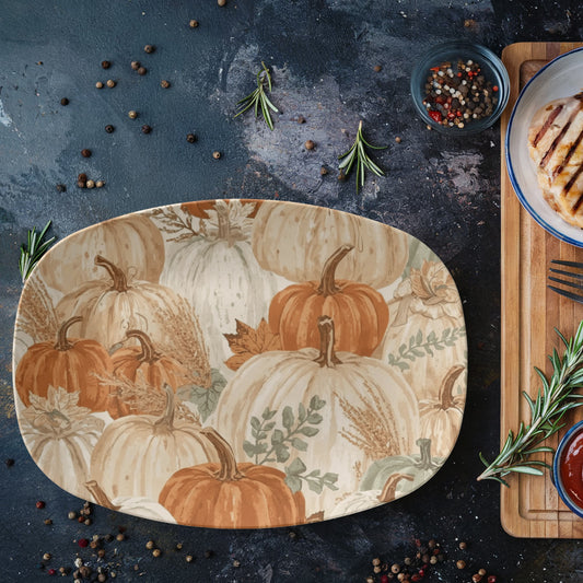 Farmhouse autumn serving platter with pumpkins and fall leaves.
