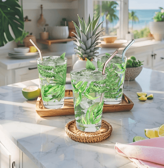 Banana leaf design pint glass with tropical jungle vibes.