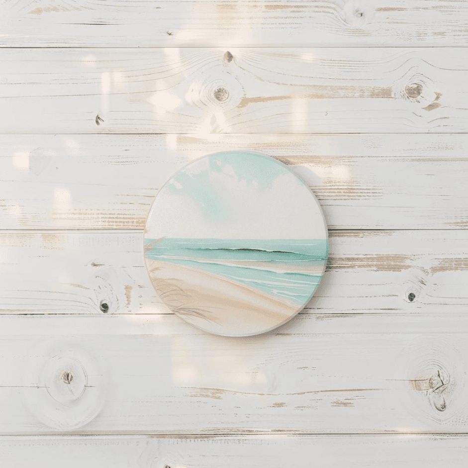 Artistic beach coaster with watercolor seaside landscape