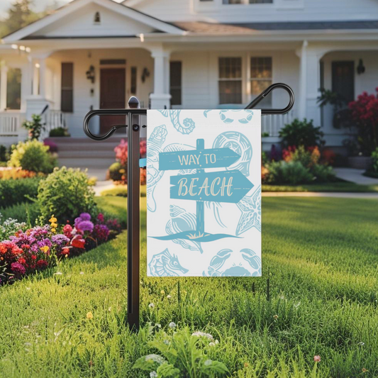 Garden banner with colorful beach direction sign