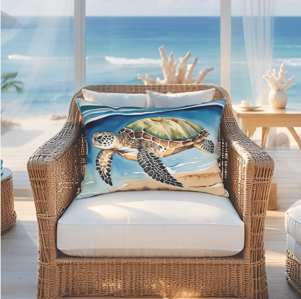 Beach house lumbar pillow with sea turtle theme and ocean-inspired style