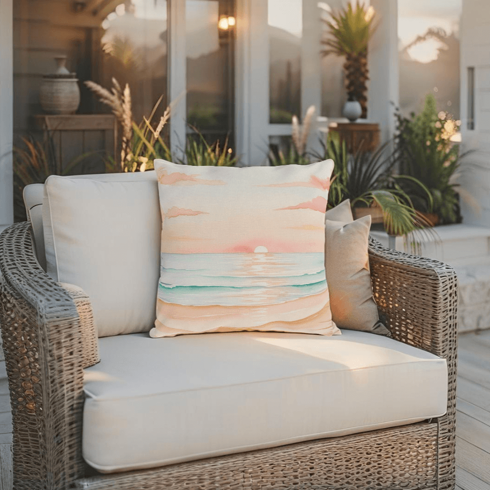 Outdoor pillow for beach houses with a calming sunset coastal look