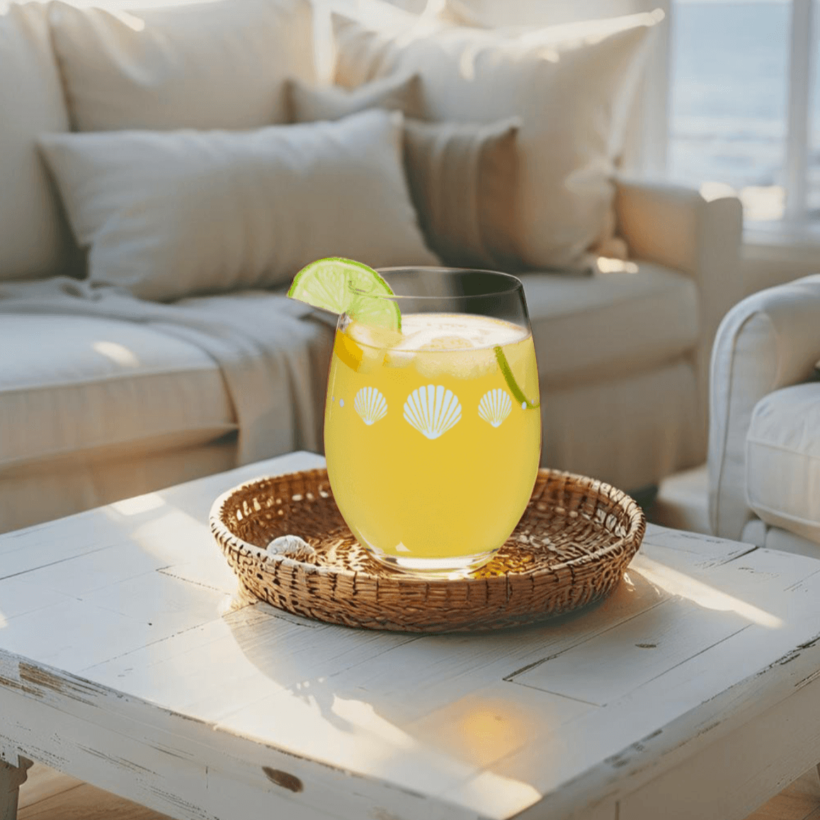 Beach house wine glass with seashell design, perfect for ocean lovers
