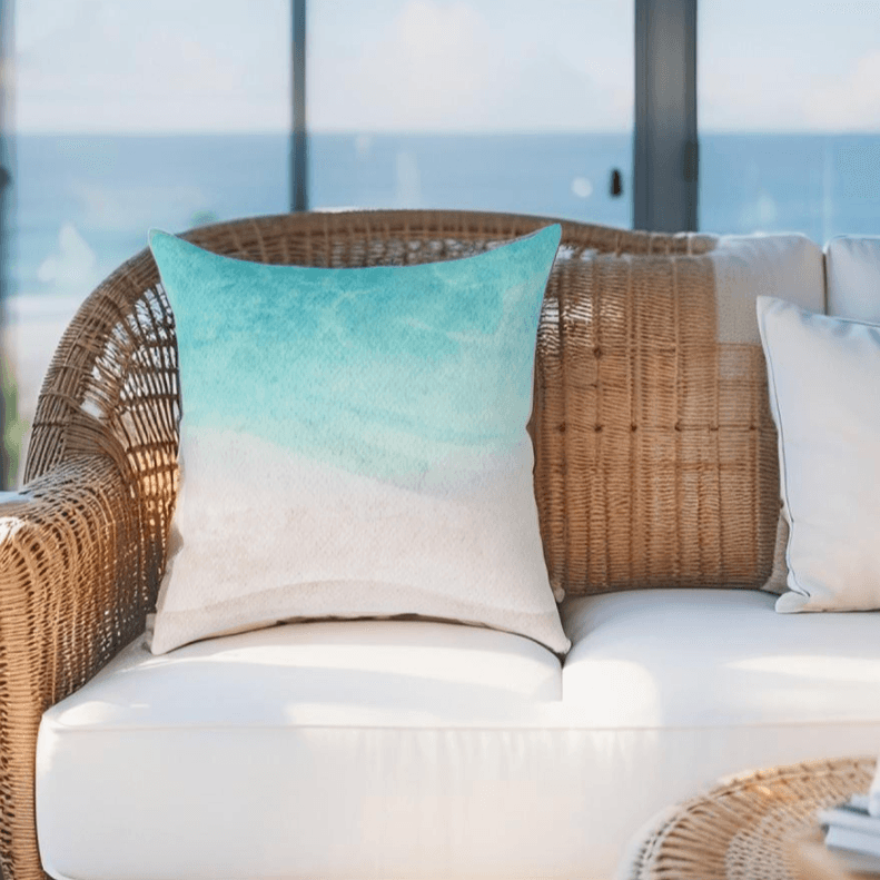 Beach-inspired canvas pillow styled in a living room