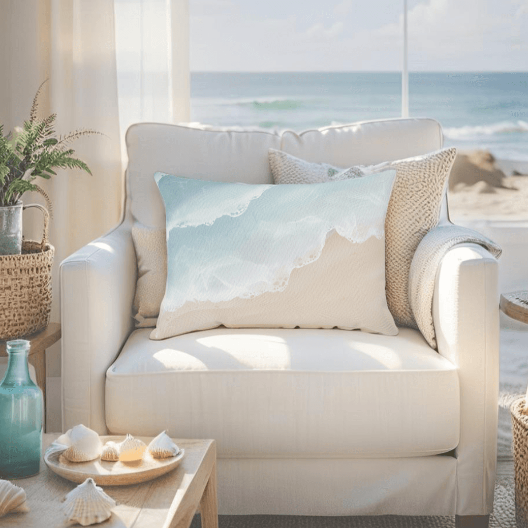 Beach-themed throw pillow featuring a minimalist shoreline design in soft neutral and ocean hues for a clean coastal aesthetic.