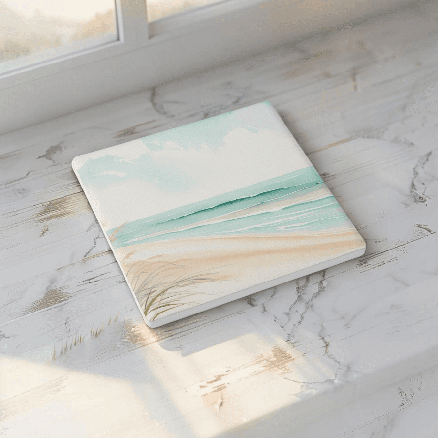 Nautical-inspired watercolor beach coaster capturing relaxing beach vibes