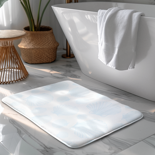 Soft coastal bath mat featuring a beachy seashell pattern, perfect for a seaside-inspired bathroom