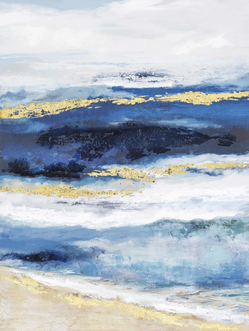 Blue and Gold Coastal Abstract Wall Art Canvas – Ocean-Inspired Painting for Beach House Decor