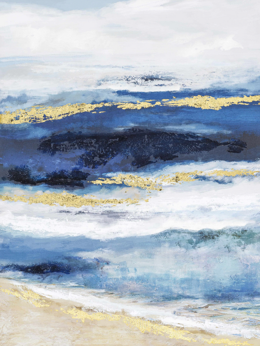 Blue and Gold Coastal Abstract Wall Art Canvas – Ocean-Inspired Painting for Beach House Decor