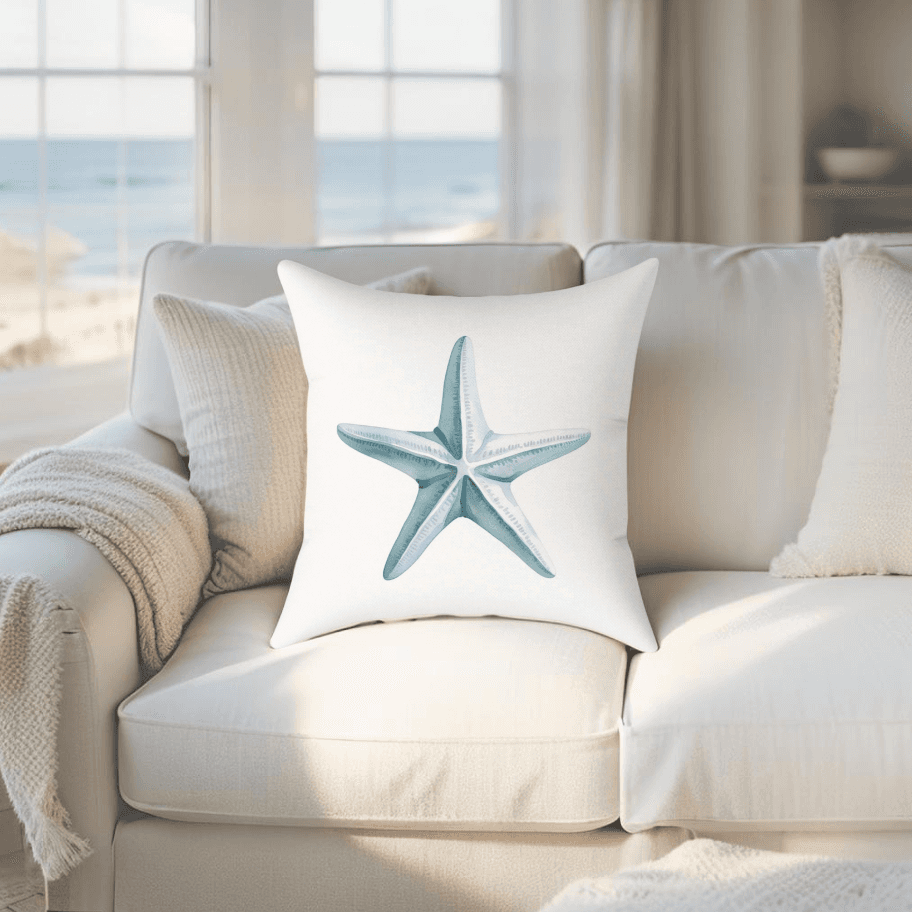 Soft blue starfish pillow elevates your beach home with laid-back charm