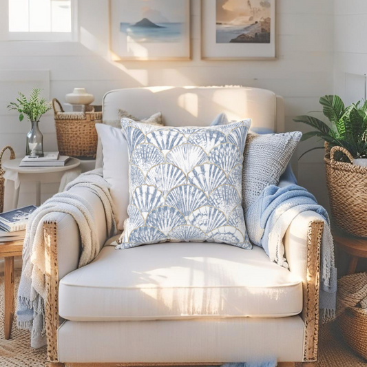 Blue and white seashell throw pillow for coastal homes