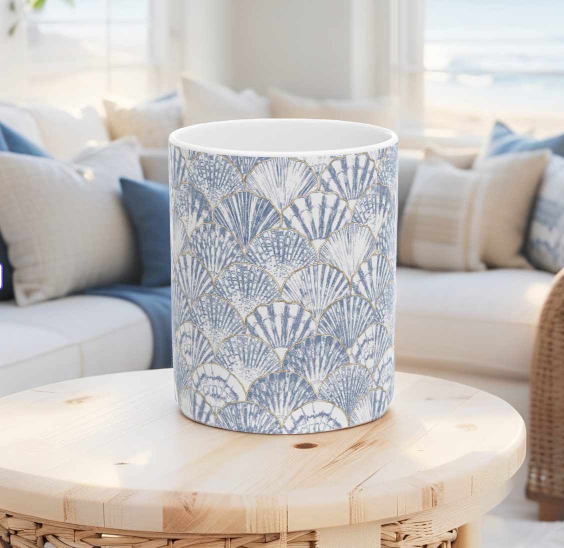 Blue Seashell Pattern Ceramic Mug - Perfect for Beach Lovers, Gift for Friends, Coffee Lover's Mug, Home Decor, Ocean Vibes