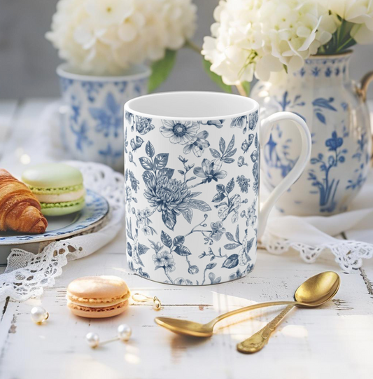 Blue floral chinoiserie mug with oriental design