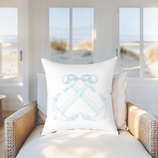 Soft blue anchor pillow adds a nautical element to living rooms, bedrooms, or patios.