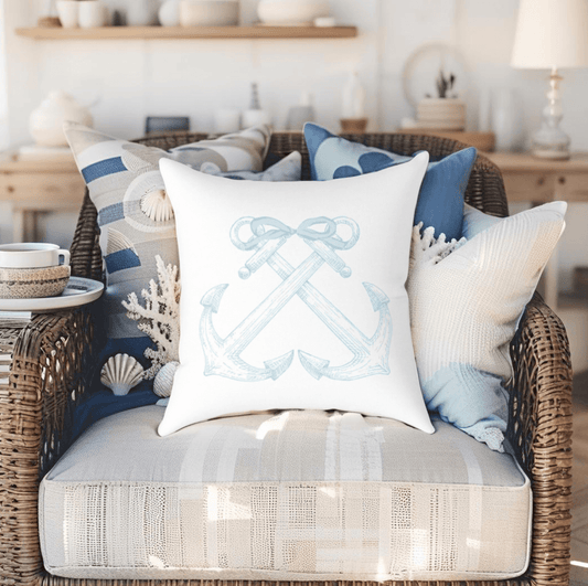 Coastal-style pillow with anchor motif for nautical interiors