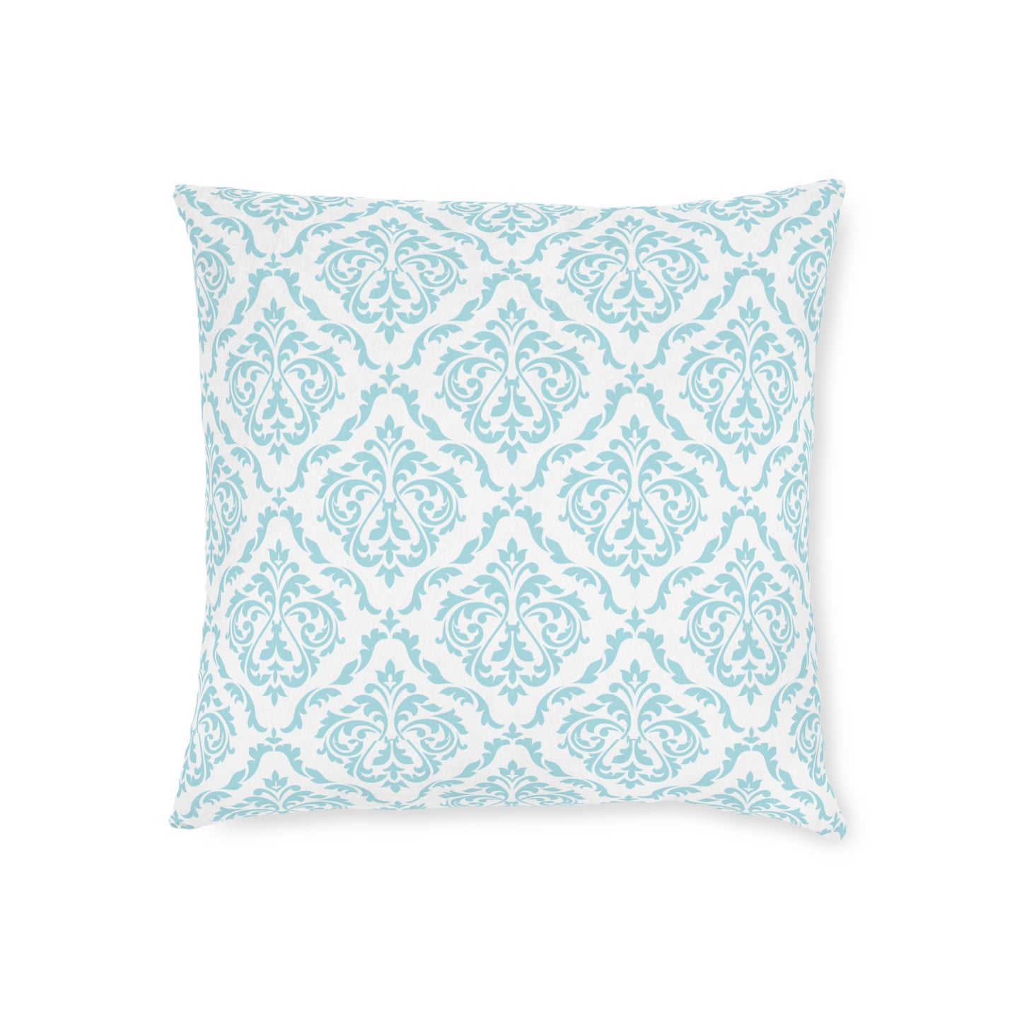 Soft aqua damask pillow adding coastal charm to living room decor