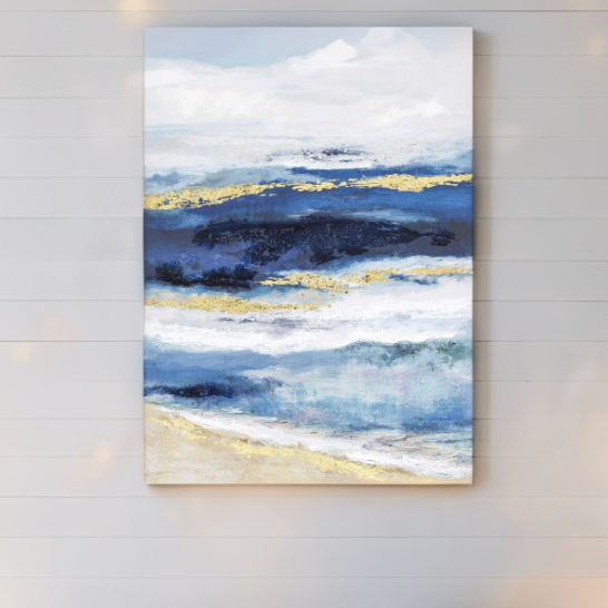 Blue and Gold Coastal Abstract Wall Art Canvas – Ocean-Inspired Painting for Beach House Decor