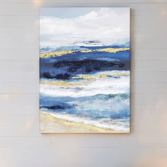 Blue and Gold Coastal Abstract Wall Art Canvas – Ocean-Inspired Painting for Beach House Decor
