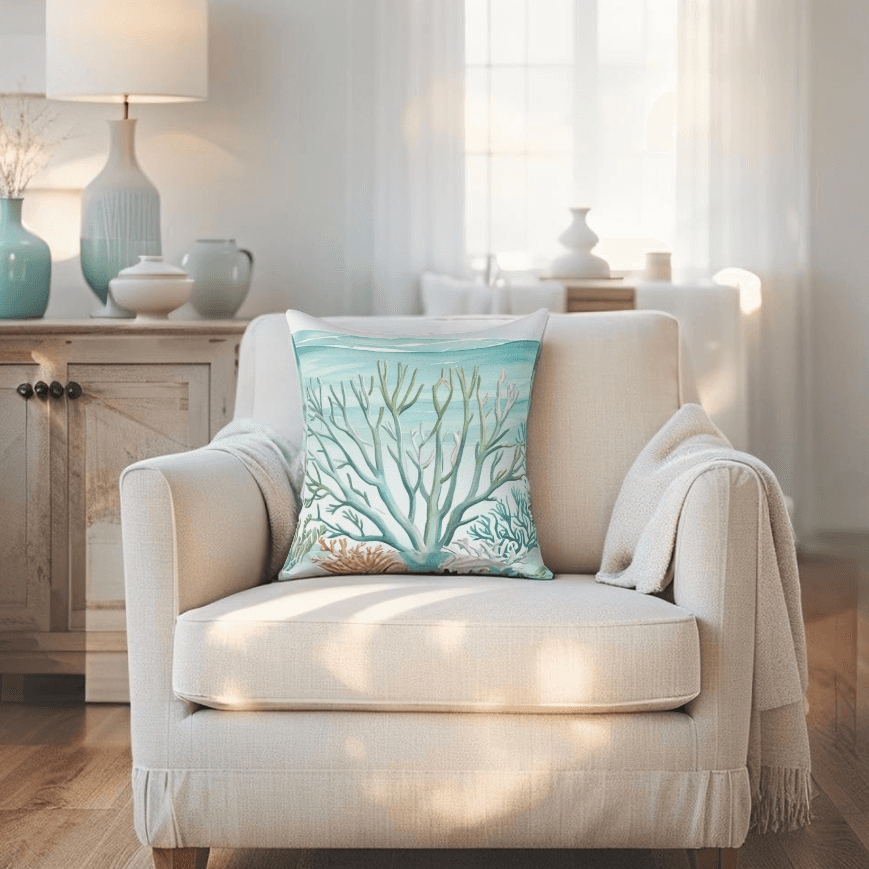 Coastal decor pillow with soft, relaxing color palette that soothes any space.