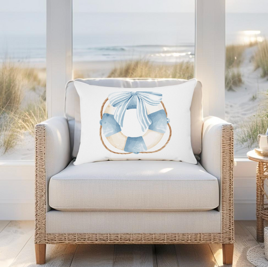Decorative pillow featuring a classic lifesaver design, adds a maritime touch to nautical-themed rooms.