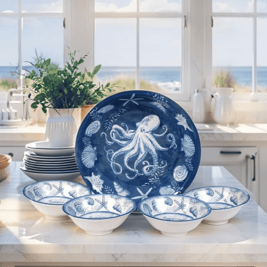 Coastal-themed melamine dinner bowl set with starfish, sea shells, and octopus designs in blue and white