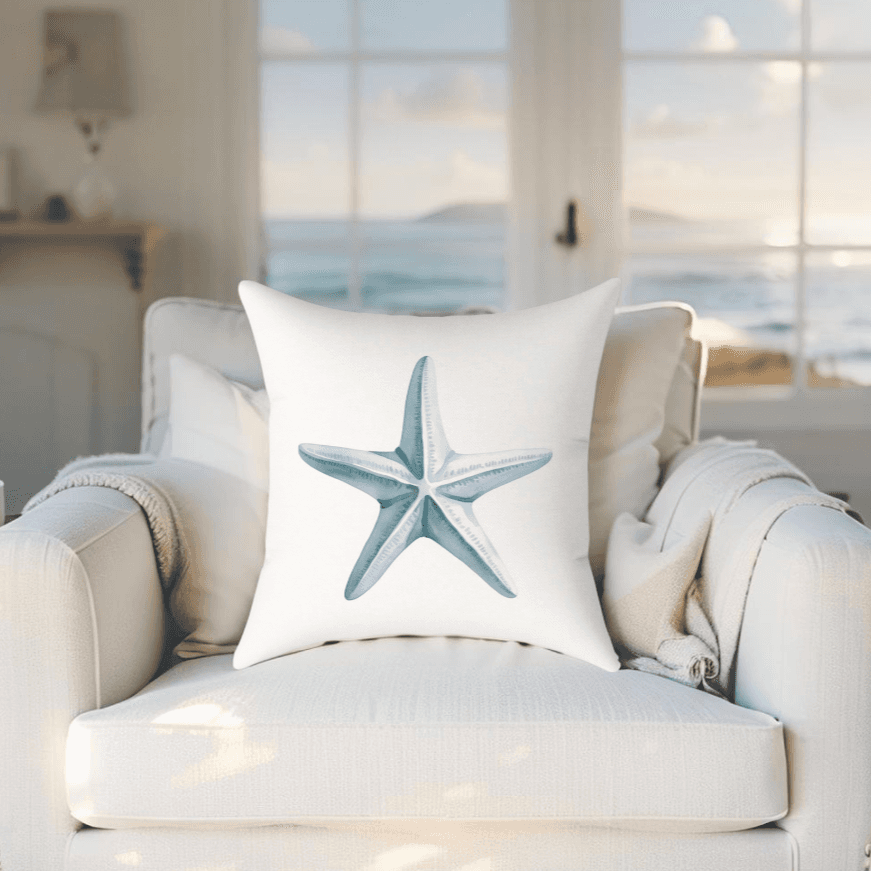Coastal pillow with starfish design—perfect for beach house living rooms