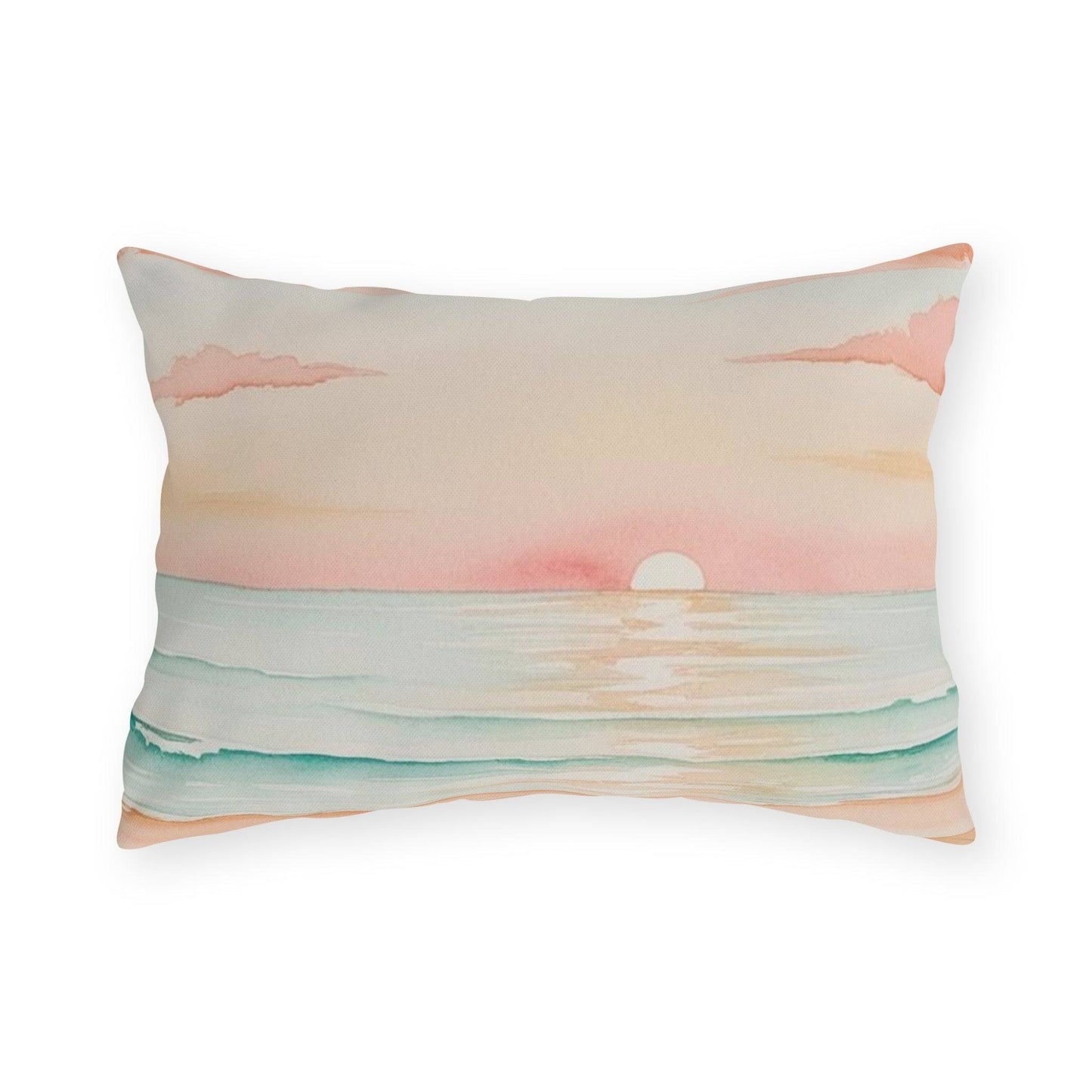 Ocean-inspired coastal pillow with a sunset print for porch relaxation