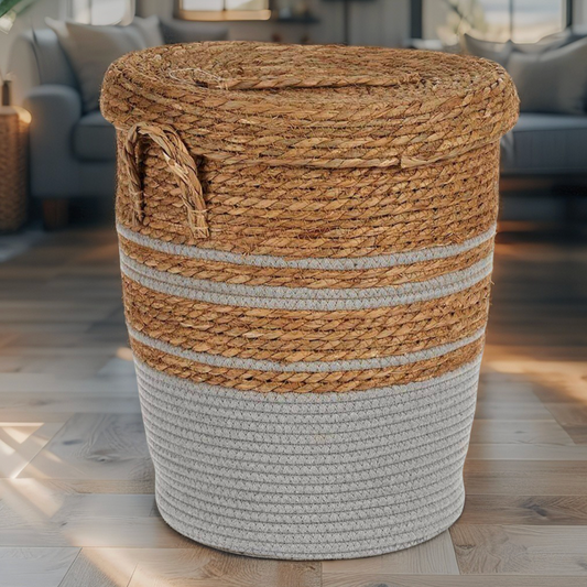 Rattan basket with blue accent for coastal decor