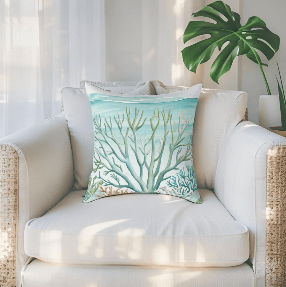Coastal reef throw pillow adds relaxing beach decor vibes to your living room