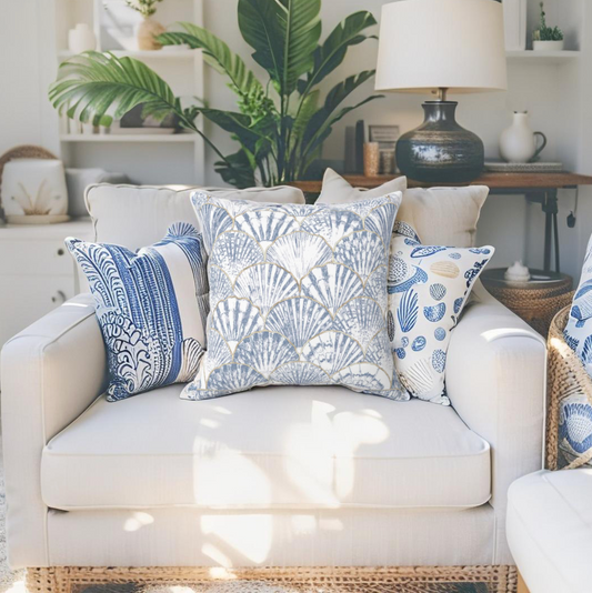 Coastal seashell pillow on white couch