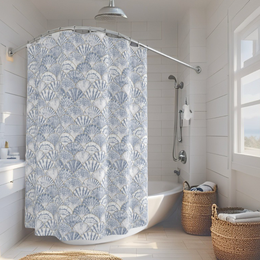 Coastal seashell shower curtain in a beach-themed bathroom
