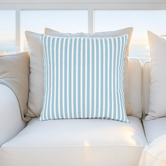 Blue and white striped throw pillow for coastal home decor