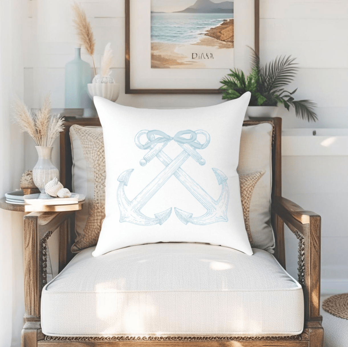 Blue and white anchor pillow for beach house