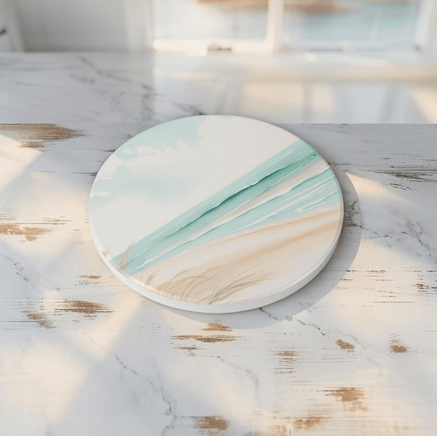 Coastal drink coaster featuring watercolor seashell and beach art