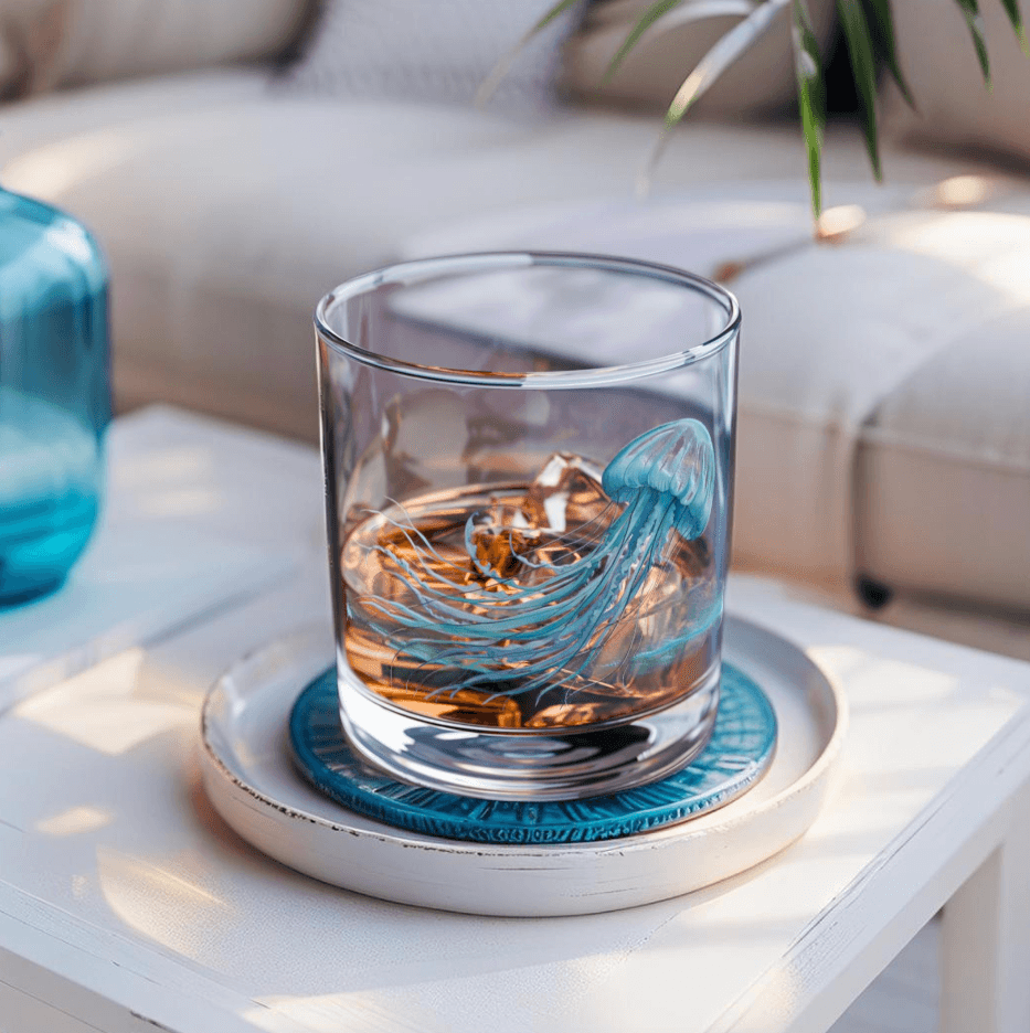 Coastal whiskey glass featuring a jellyfish print in ocean blue tones