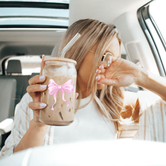 Coquette pink bow sipper glass with lid and straw