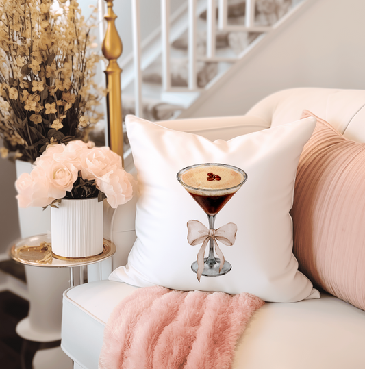 Coquette-style espresso martini throw pillow for girly bar cart decor