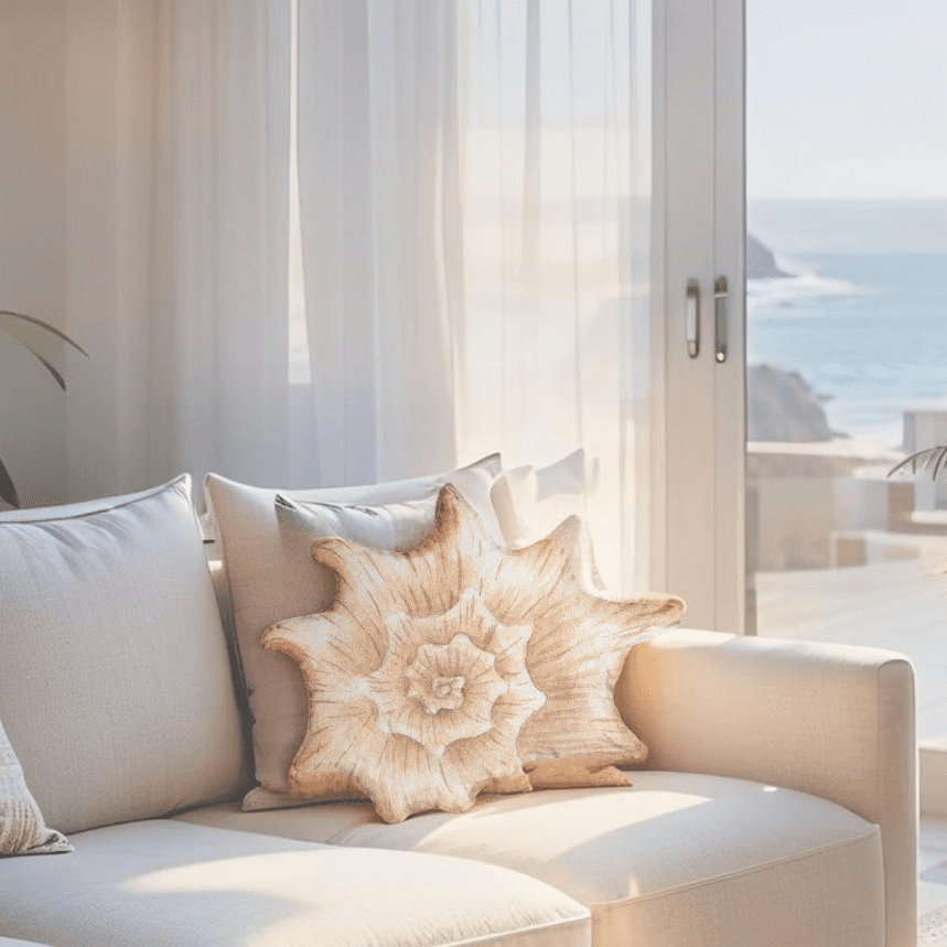 Seashell pillow in coquette-themed room with pink-toned accessories and feminine details