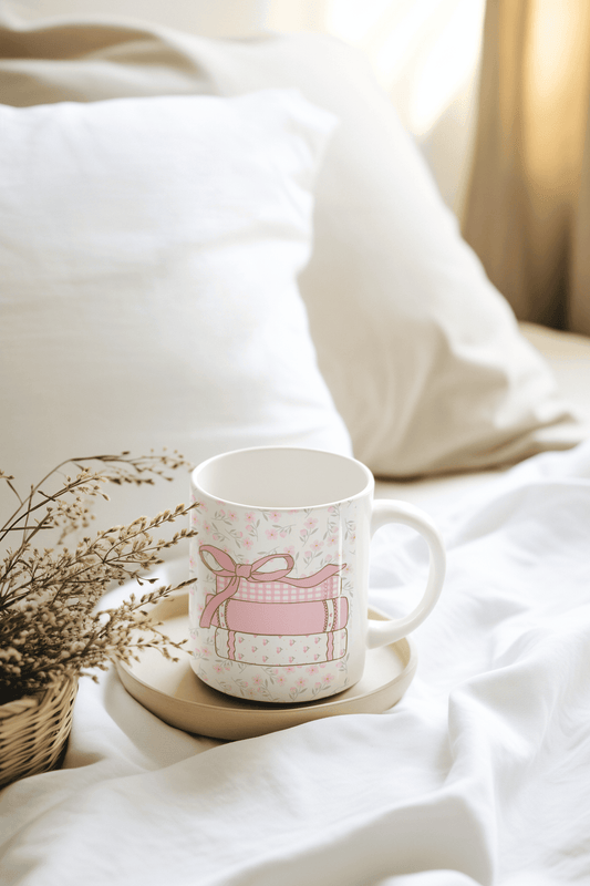 Trendy coquette coffee mug with ribbon bow