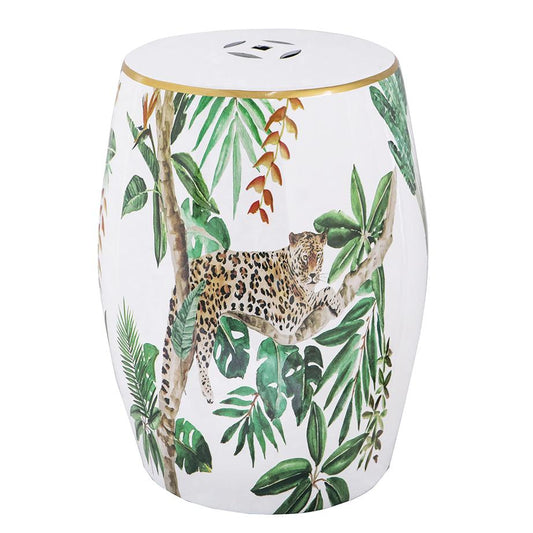 Leopard Print Ceramic Garden Stool Jungle Palm Side Table Gold Trim