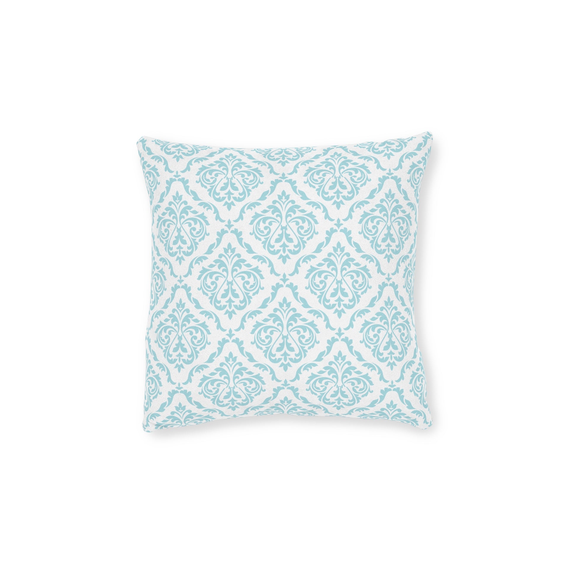 Close-up of aqua damask pattern on decorative throw pillow