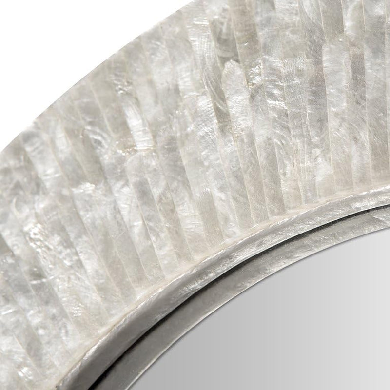 Close-up of sunray capiz shell mirror with pearlescent shine